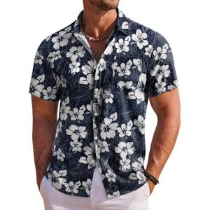 imageCOOFANDY Mens Hawaiian Shirt Short Sleeve Floral Button Down Shirts Tropical Holiday Beach ShirtsNavy  White  Flower 2