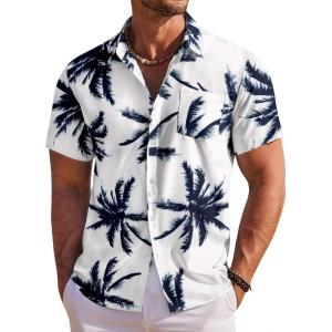 imageCOOFANDY Mens Hawaiian Shirt Short Sleeve Floral Button Down Shirts Tropical Holiday Beach ShirtsNavy Palm Leaf Print