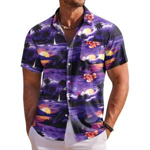imageCOOFANDY Mens Hawaiian Shirt Short Sleeve Floral Button Down Shirts Tropical Holiday Beach ShirtsPurple  Sunset  Palm Tree