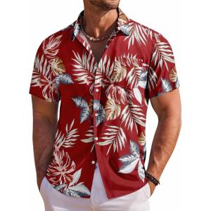 imageCOOFANDY Mens Hawaiian Shirt Short Sleeve Floral Button Down Shirts Tropical Holiday Beach ShirtsRed  Tropical Leaf