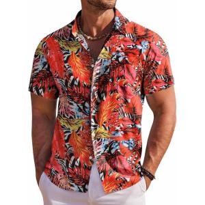 imageCOOFANDY Mens Hawaiian Shirt Short Sleeve Floral Button Down Shirts Tropical Holiday Beach ShirtsRed  Tropical Leaf 2