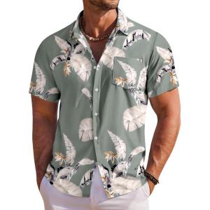 imageCOOFANDY Mens Hawaiian Shirt Short Sleeve Floral Button Down Shirts Tropical Holiday Beach ShirtsSage Green  Leaf