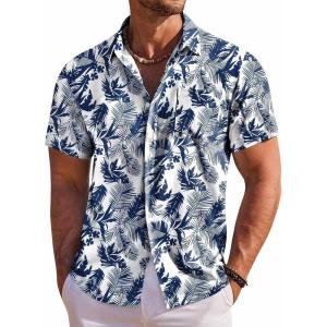 imageCOOFANDY Mens Hawaiian Shirt Short Sleeve Floral Button Down Shirts Tropical Holiday Beach ShirtsWhite  Palm Leaf