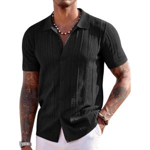 imageCOOFANDY Mens Knit Shirts Short Sleeve Button Down Polo Shirt Fashion Casual Summer Beach ShirtsBlack
