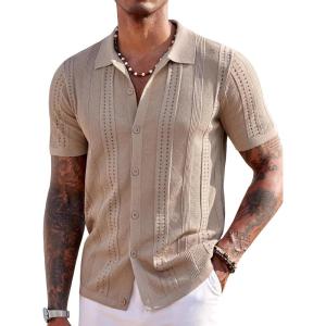 imageCOOFANDY Mens Knit Shirts Short Sleeve Button Down Polo Shirt Fashion Casual Summer Beach ShirtsKhaki