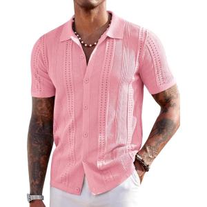 imageCOOFANDY Mens Knit Shirts Short Sleeve Button Down Polo Shirt Fashion Casual Summer Beach ShirtsLight Pink