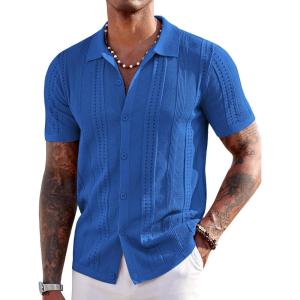imageCOOFANDY Mens Knit Shirts Short Sleeve Button Down Polo Shirt Fashion Casual Summer Beach ShirtsRoyal Blue