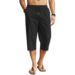 imageCOOFANDY Mens Linen Capri Pants Casual Lightweight 34 Baggy Pants Drawstring Elastic Waist Beach Yoga Pants with PocketsBlack