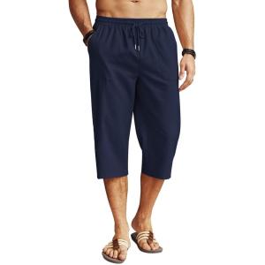 imageCOOFANDY Mens Linen Capri Pants Casual Lightweight 34 Baggy Pants Drawstring Elastic Waist Beach Yoga Pants with PocketsDark Blue