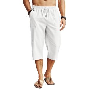 imageCOOFANDY Mens Linen Capri Pants Casual Lightweight 34 Baggy Pants Drawstring Elastic Waist Beach Yoga Pants with PocketsPure White
