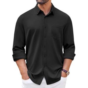 imageCOOFANDY Mens Long Sleeve Button Down Shirt Wrinkle Free Casual Shirt for Men Untucked Shirts with Pocket for WeddingBlack