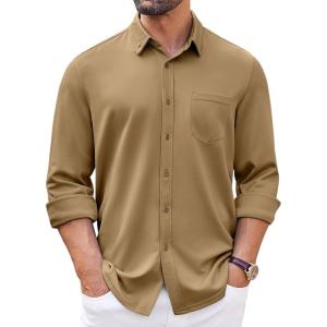 imageCOOFANDY Mens Long Sleeve Button Down Shirt Wrinkle Free Casual Shirt for Men Untucked Shirts with Pocket for WeddingCamel