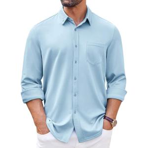imageCOOFANDY Mens Long Sleeve Button Down Shirt Wrinkle Free Casual Shirt for Men Untucked Shirts with Pocket for WeddingClear Blue