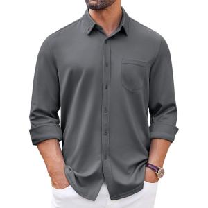 imageCOOFANDY Mens Long Sleeve Button Down Shirt Wrinkle Free Casual Shirt for Men Untucked Shirts with Pocket for WeddingDark Grey