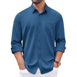 imageCOOFANDY Mens Long Sleeve Button Down Shirt Wrinkle Free Casual Shirt for Men Untucked Shirts with Pocket for WeddingDeep Blue