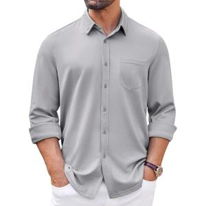 imageCOOFANDY Mens Long Sleeve Button Down Shirt Wrinkle Free Casual Shirt for Men Untucked Shirts with Pocket for WeddingLight Grey