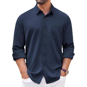 imageCOOFANDY Mens Long Sleeve Button Down Shirt Wrinkle Free Casual Shirt for Men Untucked Shirts with Pocket for WeddingNavy Blue