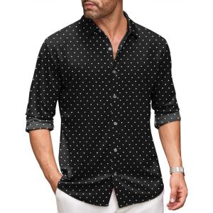 imageCOOFANDY Mens Long Sleeve Dress Shirt Casual Button Down Shirts Wrinkle Free Untucked ShirtWhite Dots Black