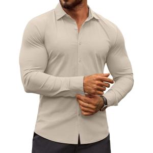 imageCOOFANDY Mens Muscle Fit Dress Shirts WrinkleFree Long Sleeve Casual Button Down ShirtsLight Beige Grey