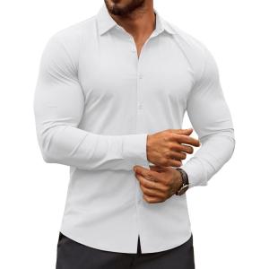 imageCOOFANDY Mens Muscle Fit Dress Shirts WrinkleFree Long Sleeve Casual Button Down ShirtsWhite