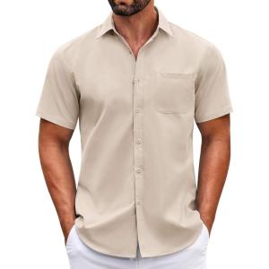 imageCOOFANDY Mens Short Sleeve Casual Button Down Shirts Summer Untucked Dress Shirts with PocketKhaki