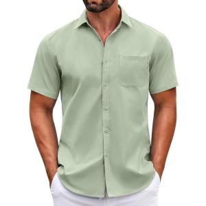 imageCOOFANDY Mens Short Sleeve Casual Button Down Shirts Summer Untucked Dress Shirts with PocketLight Green