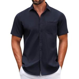 imageCOOFANDY Mens Short Sleeve Casual Button Down Shirts Summer Untucked Dress Shirts with PocketNavy Blue