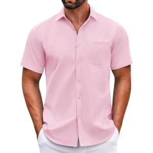 imageCOOFANDY Mens Short Sleeve Casual Button Down Shirts Summer Untucked Dress Shirts with PocketPink