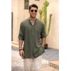 imageCOOFANDY Mens Linen Henley Shirts Long Sleeve Collarless TShirts Longline Kurta Beach Shirts with PocketArmy Green