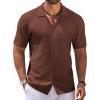 imageCOOFANDY Mens Knit Short Sleeve Shirt Casual Button Down Shirt Vintage Fashion Polo Shirts Crochet Summer Beach ShirtsBrown