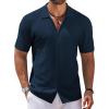 imageCOOFANDY Mens Knit Short Sleeve Shirt Casual Button Down Shirt Vintage Fashion Polo Shirts Crochet Summer Beach ShirtsNavy Blue