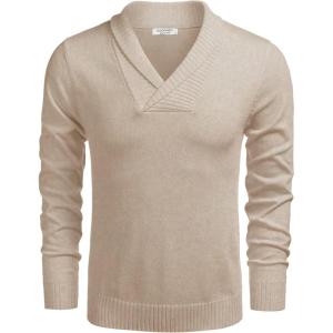 imageCOOFANDY Men Casual Knitted Sweaters Shawl Collar Dress Sweater Long Sleeve VNeck Pullover TopsApricot