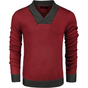 imageCOOFANDY Men Casual Knitted Sweaters Shawl Collar Dress Sweater Long Sleeve VNeck Pullover TopsRed
