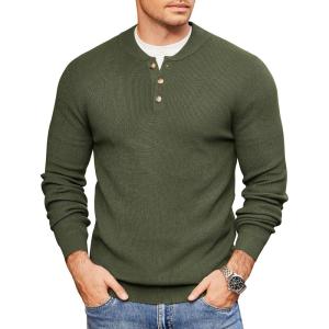 imageCOOFANDY Men Henley Knit Sweater Dress Long Sleeve Button Pullover Sweater Casual Sweater Lightweight Slim Fit TopsArmy Green