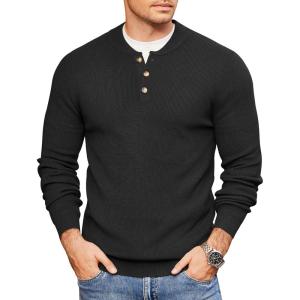 imageCOOFANDY Men Henley Knit Sweater Dress Long Sleeve Button Pullover Sweater Casual Sweater Lightweight Slim Fit TopsBlack