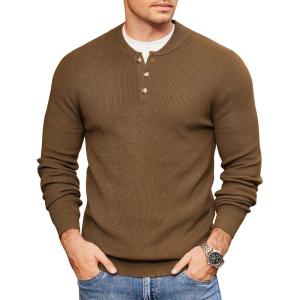 imageCOOFANDY Men Henley Knit Sweater Dress Long Sleeve Button Pullover Sweater Casual Sweater Lightweight Slim Fit TopsBrown