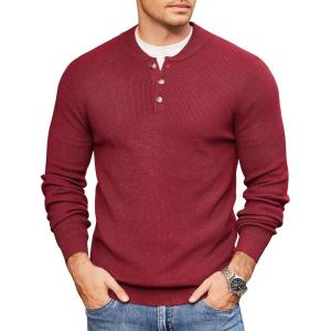 imageCOOFANDY Men Henley Knit Sweater Dress Long Sleeve Button Pullover Sweater Casual Sweater Lightweight Slim Fit TopsDeep Red