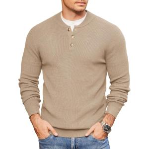 imageCOOFANDY Men Henley Knit Sweater Dress Long Sleeve Button Pullover Sweater Casual Sweater Lightweight Slim Fit TopsKhaki