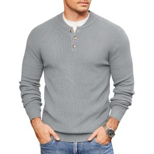 imageCOOFANDY Men Henley Knit Sweater Dress Long Sleeve Button Pullover Sweater Casual Sweater Lightweight Slim Fit TopsLight Grey