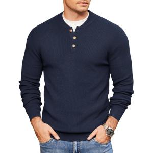 imageCOOFANDY Men Henley Knit Sweater Dress Long Sleeve Button Pullover Sweater Casual Sweater Lightweight Slim Fit TopsNavy Blue