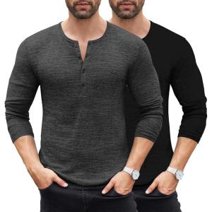 imageCOOFANDY Mens 2Pack Slim Fit Henley Shirts Long Sleeve Lightweight Fashion Casual Cotton Basic T ShirtsBlackCharcoal