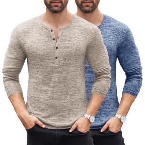 imageCOOFANDY Mens 2Pack Slim Fit Henley Shirts Long Sleeve Lightweight Fashion Casual Cotton Basic T ShirtsBlueKhaki