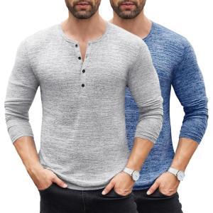 imageCOOFANDY Mens 2Pack Slim Fit Henley Shirts Long Sleeve Lightweight Fashion Casual Cotton Basic T ShirtsBlueLight Gray