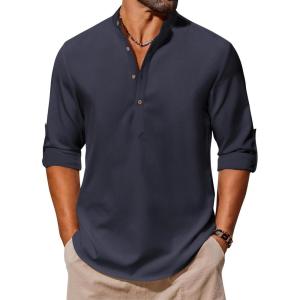 imageCOOFANDY Mens Casual Henley Shirts Long Sleeve Band Collar Lightweight Beach Shirts Summer TShirtsNavy Blue