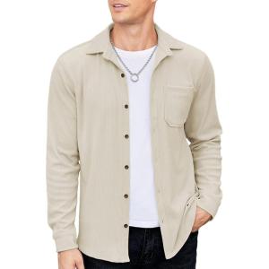 imageCOOFANDY Mens Corduroy Shirt Casual Shacket Long Sleeve Button Down Lightweight JacketLight Khaki