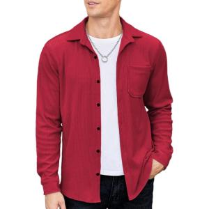 imageCOOFANDY Mens Corduroy Shirt Casual Shacket Long Sleeve Button Down Lightweight JacketRed