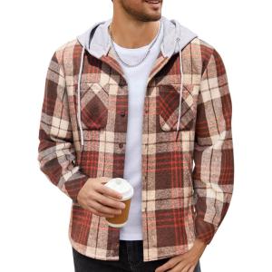 imageCOOFANDY Mens Flannel Hoodie Plaid Shirt Long Sleeve Button Down Casual Shirt Jacket Lightweight Fall ShacketPlaidbrown Orange Khaki