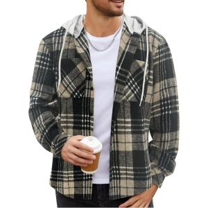 imageCOOFANDY Mens Flannel Hoodie Plaid Shirt Long Sleeve Button Down Casual Shirt Jacket Lightweight Fall ShacketPlaidlight Khaki