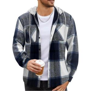 imageCOOFANDY Mens Flannel Hoodie Plaid Shirt Long Sleeve Button Down Casual Shirt Jacket Lightweight Fall ShacketPlaidnavy  Beige