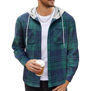 imageCOOFANDY Mens Flannel Hoodie Plaid Shirt Long Sleeve Button Down Casual Shirt Jacket Lightweight Fall ShacketPlaidnavy  Green